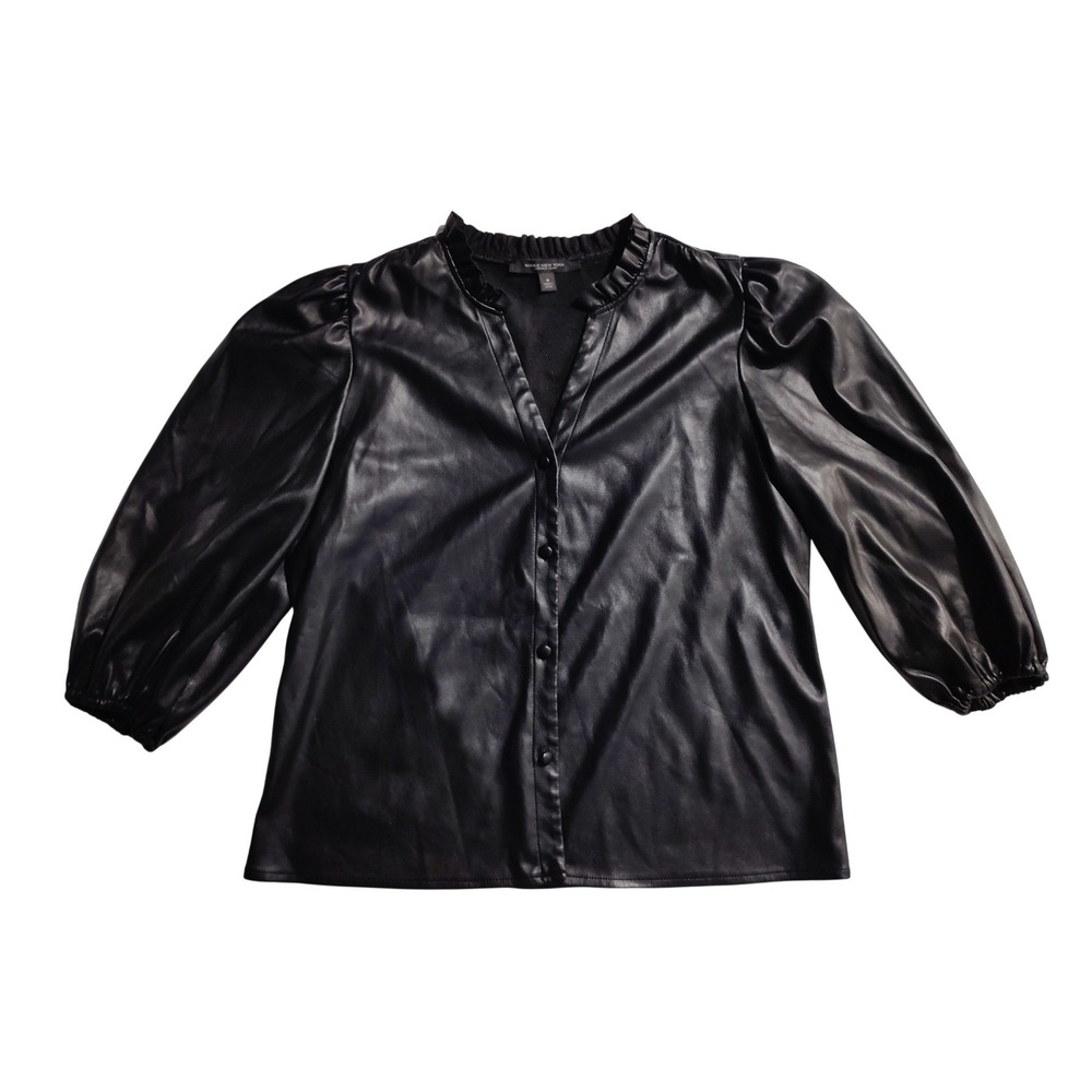 Marc New‎ York Andrew Marc Black Faux Leather Ruffle Button Up Top Medium